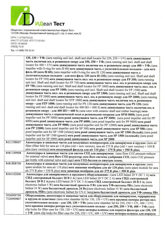 Отказное письмо Sera грунты, гидрохимия, тесты, комплектующие 8