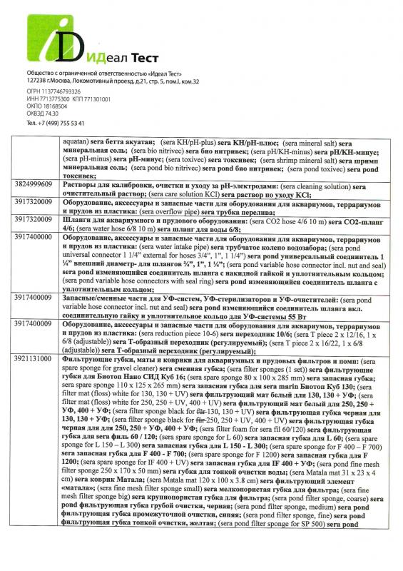 Отказное письмо Sera грунты, гидрохимия, тесты, комплектующие 3